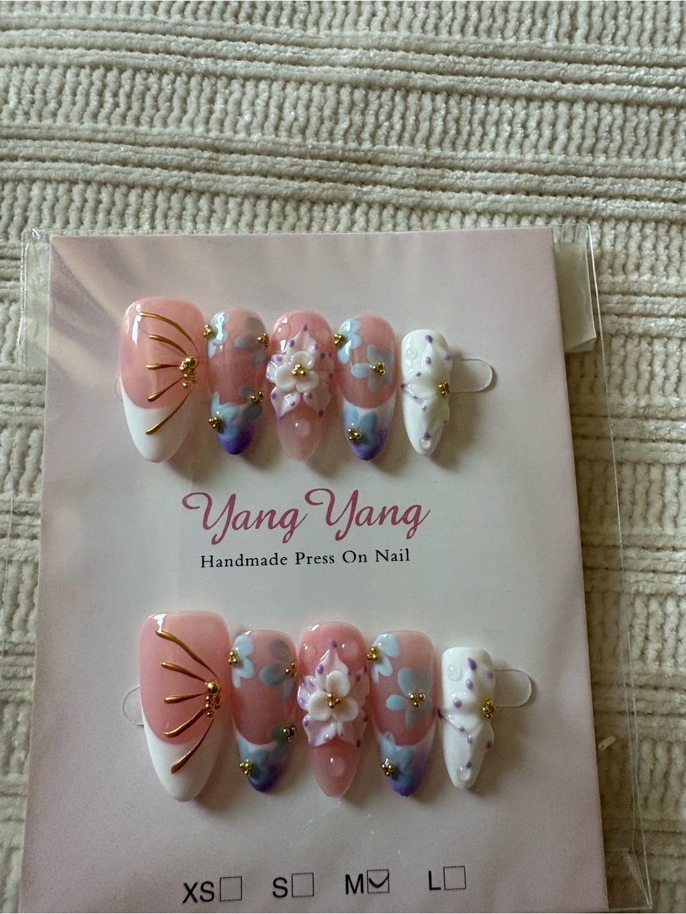 3D Pink Floral Handmade Press-On Nails Size Medium